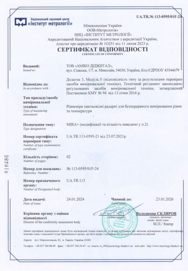 Отримано сертифікат відповідності на партію рівнемірів MIRA+™