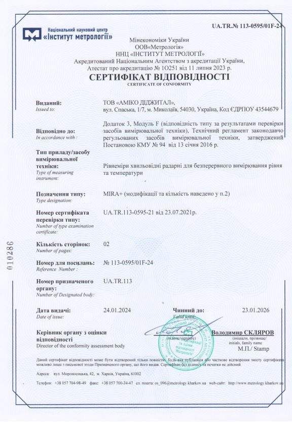 Отримано сертифікат відповідності на партію рівнемірів MIRA+™
